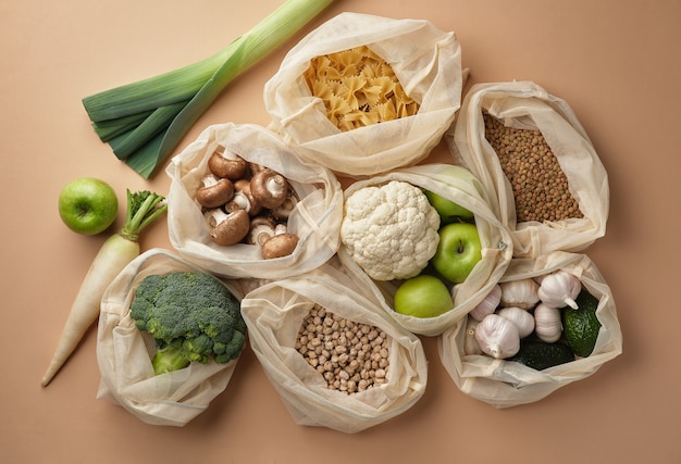 Diverse groenten pasta champignons en ontbijtgranen in herbruikbare stoffen eco tassen