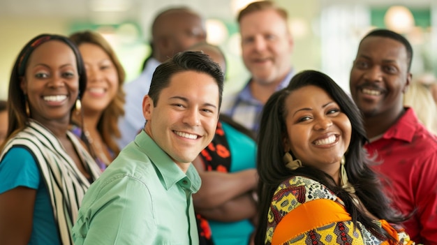 Diverse groep gelukkige collega's die samen glimlachen en de eenheid bevorderen