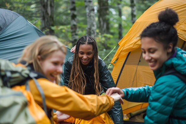 Foto diverse groep glimlachende vrouwen die hun kampeerplaats opzetten na een dag wandelen in het bos