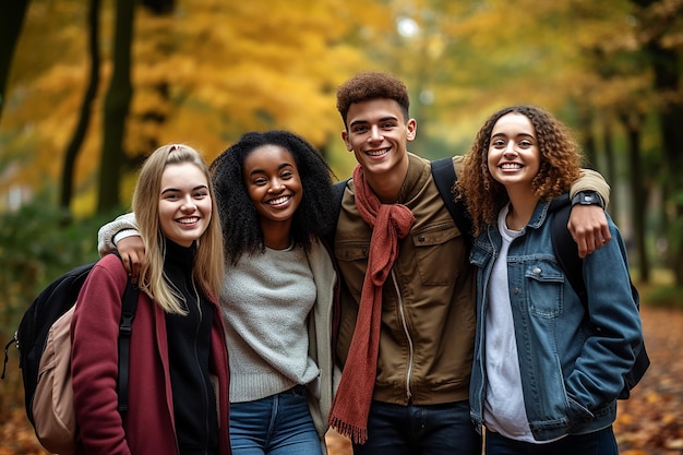 Diverse groep jonge studenten samen in het herfstpark Jeugdgemeenschap en vriendschapsconcept