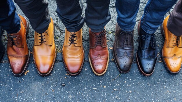 Diverse groep mensen die met hun handen op de heupen staan voor een rij stijlvolle zakelijke schoenen voor mannen