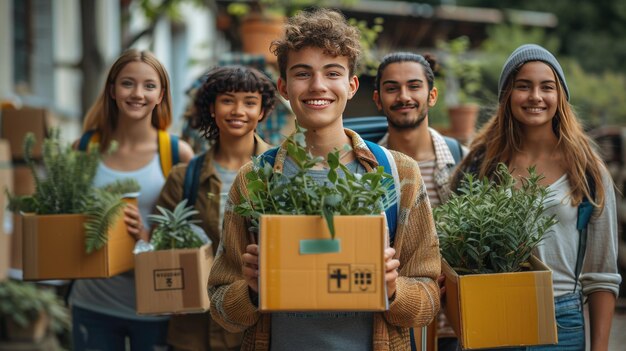 Foto diverse groep vrienden die deelnemen aan gemeenschappelijke stedelijke tuinieren