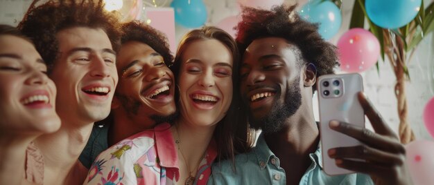 Foto diverse groep vrienden die een collectieve selfie maken persoon die een smartphone vasthoudt lachend en eendlippen doet jonge mensen die een live stream van het feest thuis maken