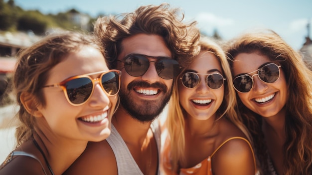 Diverse groep vrienden die plezier hebben en glimlachen buitenshuis AI gegenereerd