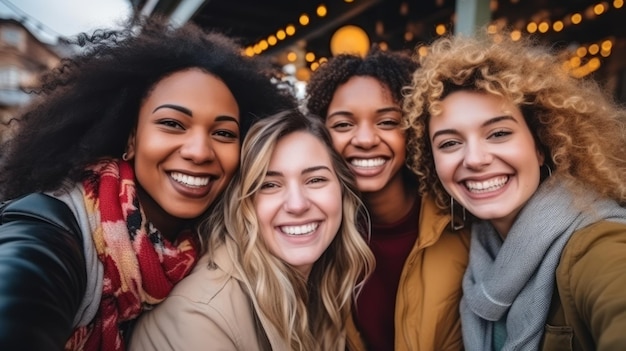 Diverse groep vrienden die plezier hebben en glimlachen buitenshuis AI gegenereerd