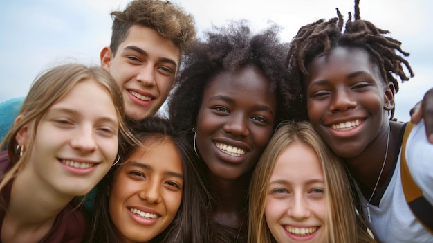 Diverse groep vrolijke tieners die samen een close-up selfie maken in de open lucht