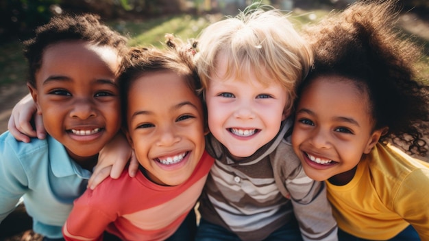 Foto diverse groep vrolijke vrolijke gelukkige multi-etnische kinderen die buiten spelen