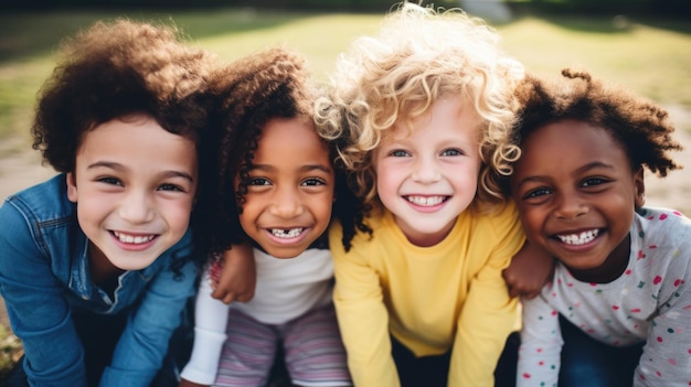 Foto diverse groep vrolijke vrolijke gelukkige multi-etnische kinderen die buiten spelen