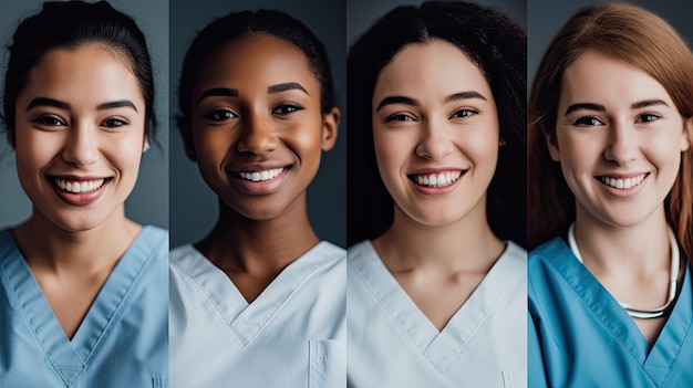 Diverse groep vrouwelijke verpleegsters die glimlachen voor portretten in de gezondheidszorg