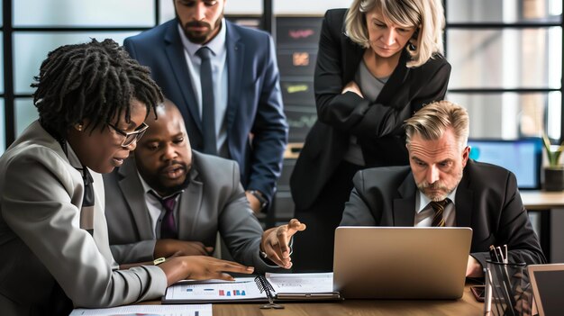 Diverse groep zakelijke professionals in pakken en formele kleding verzameld rond een laptop in een moderne kantoorruimte