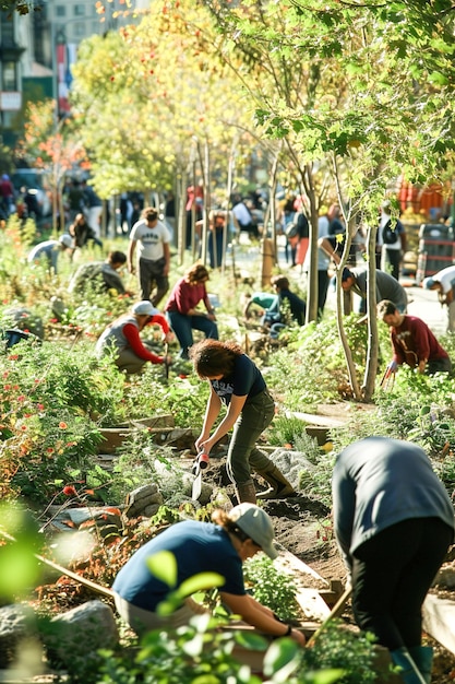 Разнообразная группа украшает городской парк инструментами посадки зеленых растений, способствующих совместной работе и гражданской деятельности