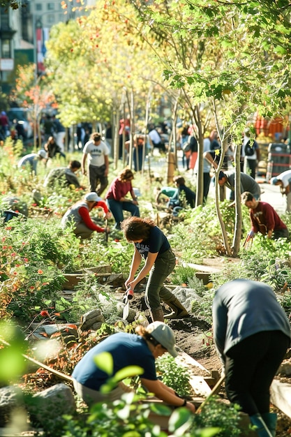 Diverse group beautifying a city park with tools planting green plants promoting teamwork and civic