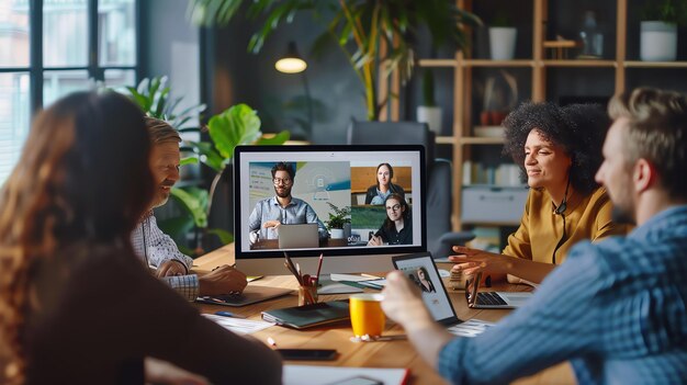 Photo diverse group of business people having a video conference in the office they are looking at the computer screen and discussing something