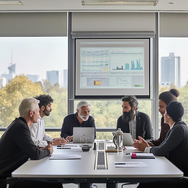 Разнообразная группа бизнес-профессионалов проводит встречу в современном офисном помещении