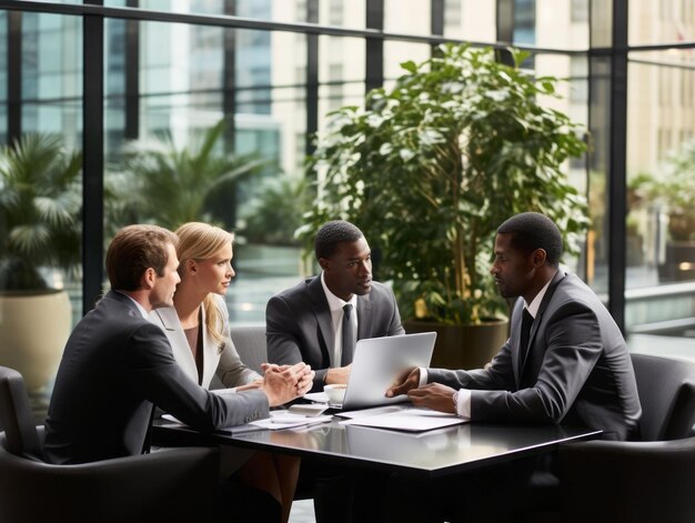 Diverse group of business professionals is engaged in a brainstorming session