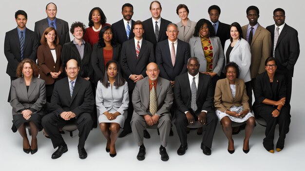 A diverse group of business professionals posing in a formal group photo