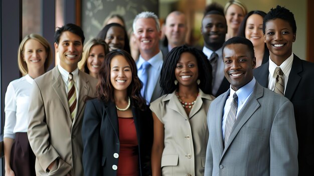 Photo a diverse group of business professionals in suits and formal attire pose for a photo the people are all smiling and looking at the camera