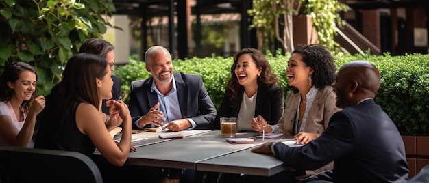 Photo diverse group of businesspeople laughing while having a casual meeting together at a patio table of