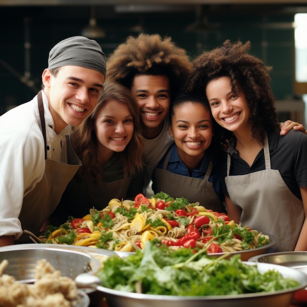 Diverse group of chefs smiling and posing in a commercial kitchen