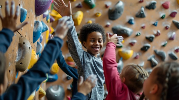 A diverse group of children are highfiving and cheering each other on as they take on different