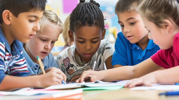 Foto un gruppo diversificato di bambini profondamente coinvolti