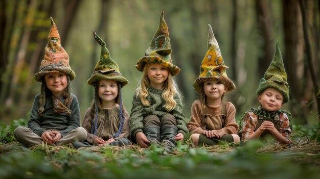 A diverse group of children sit in a circle on the forest floor surrounded by lush greenery deep in