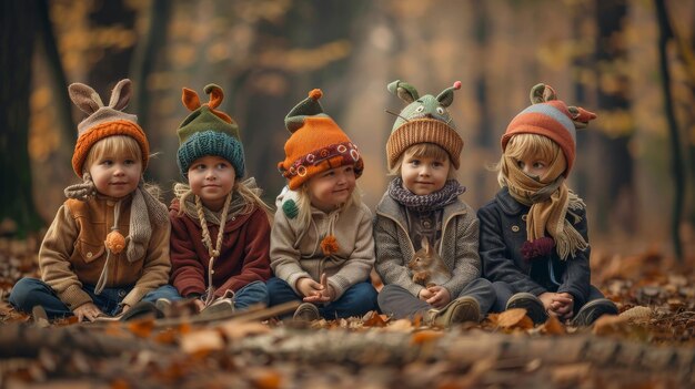 A diverse group of children sitting on the ground adorned in cozy knitted hats