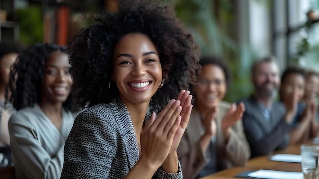 Diverse group clapping enthusiastically at table after successful meeting in conference room Concept Success Celebration Teamwork Office Meeting Workplace Collaboration Diverse Group