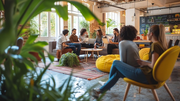 Foto un gruppo diversificato di imprenditori creativi che collaborano e generano idee in uno spazio di coworking contemporaneo a pianta aperta.