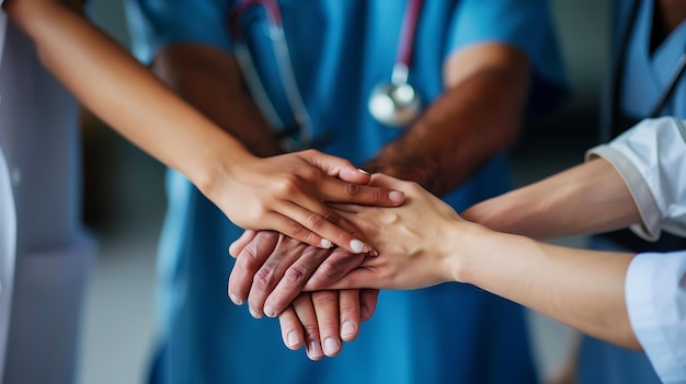 A diverse group of doctors in blue scrubs join their hands together over a patients hand