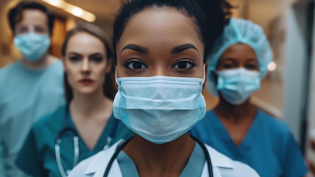 A diverse group of doctors wearing surgical masks The doctors are looking at the camera with serious expressions