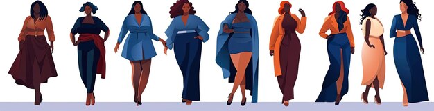 diverse group of fashion design characters in the style of curvaceous simplicity