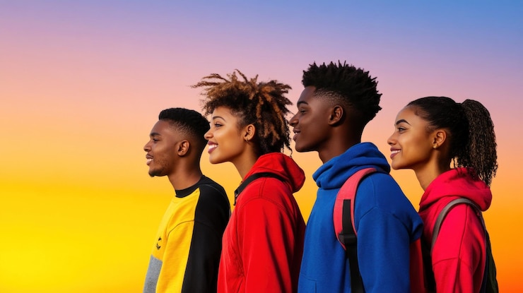 Photo a diverse group of four friends stands side by side at sunset each showing unique styles in bright hoodies sharing smiles and positivity as the sky glows