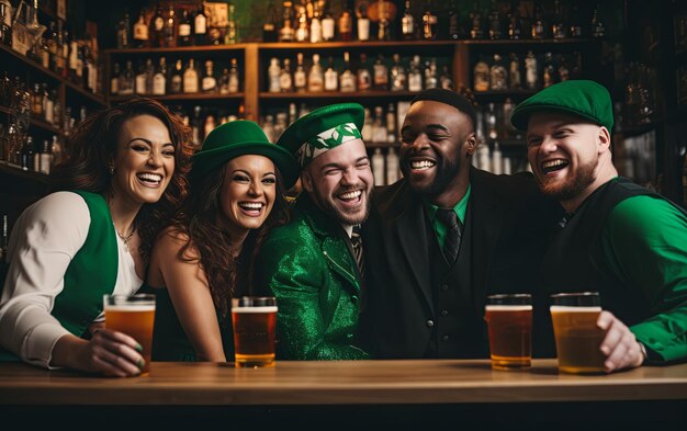 Diverse group of friends celebrating st patricks day embracing and laughing at a bar