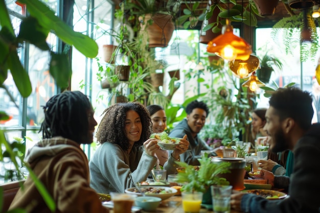 Foto un gruppo diversificato di amici che si godono un pasto vegano insieme in un accogliente caffè pieno di piante