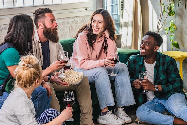 Foto un gruppo diversificato di amici che si godono vino e popcorn insieme