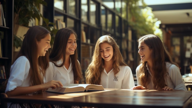 Photo diverse group of girls sitting together at table