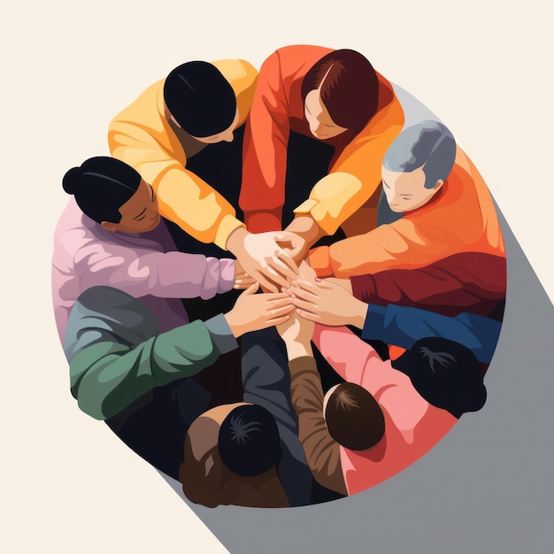 A diverse group of hands holding each other in a vector illustration unity