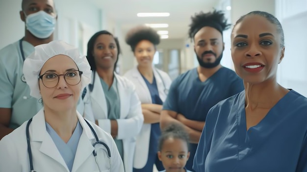 A diverse group of healthcare professionals standing in a hospital hallway smiling at the camera