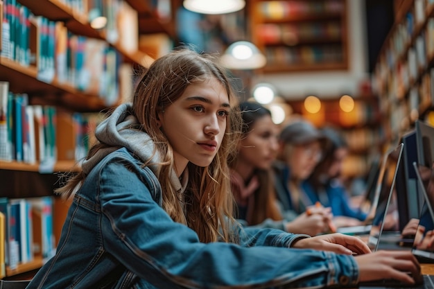 Foto un gruppo diversificato di studenti delle scuole superiori che si occupano dei loro compiti sui computer