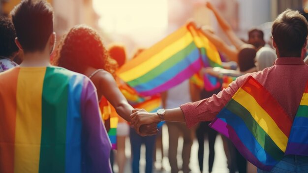 Diverse Group Holds Hands Outdoors Friends Hug Happily Gay Pride Concept with Crowd of Men and Wom