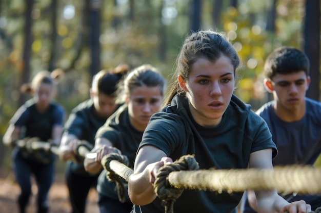 A diverse group of individuals are seen holding onto ropes as they navigate through the woods during a fitness bootcamp session