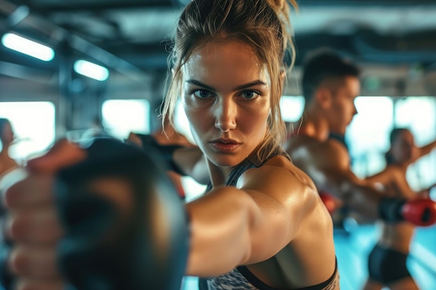 A diverse group of individuals can be seen engaging in various exercises and workouts in the gym Highintensity kickboxing class at a gym AI Generated