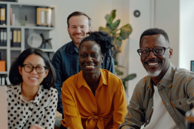 A diverse group of individuals from various backgrounds sitting closely next to each other showcasing teamwork unity and collaboration in a workplace setting