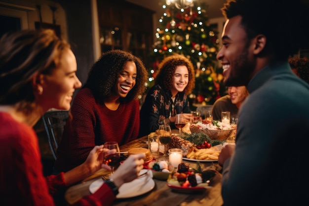 다양한 사람들이 테이블 주위에 모여 식사를 하며 대화를 나누고 있습니다. 행복한 다민족 친구들이 집에서 크리스마스 저녁 식사를 하고 있습니다. AI 생성