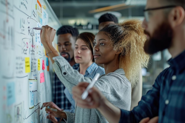 Photo a diverse group of individuals gathered in front of a whiteboard engaged in a discussion or presentation diverse group of businesspeople brainstorming ideas on a whiteboard ai generated