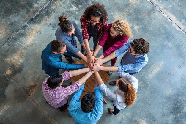 Foto un gruppo diversificato di individui unisce le mani all'unisono per dimostrare unità e lavoro di squadra.