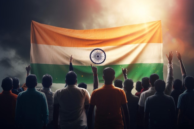 Diverse group of individuals proudly standing together in front of a large national flag