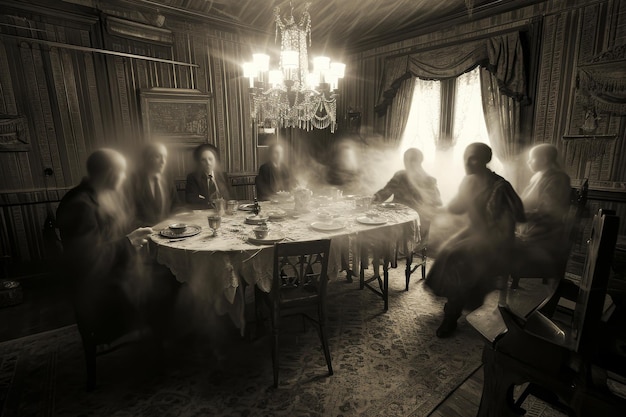 Photo a diverse group of individuals sitting around a table in a room engaged in conversation and enjoying a meal together victorian era ghostly figures gathered around a sacance inn ai generated