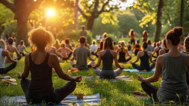 diverse group of individuals sitting in a grassy area engaging in a yoga session communal outdoor y